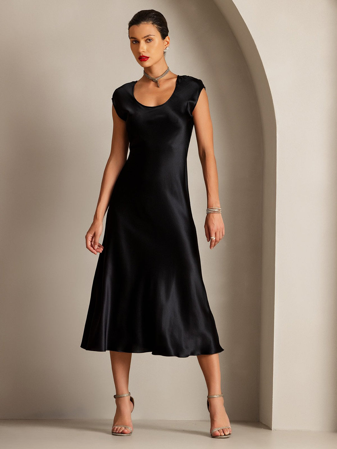 19Momme Silk Cap Sleeve Round Neck Midi Dress