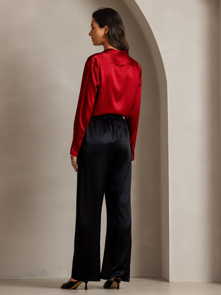 19Momme Silk Long Sleeve Lapel Collar Women's Shirt with Button Up Design