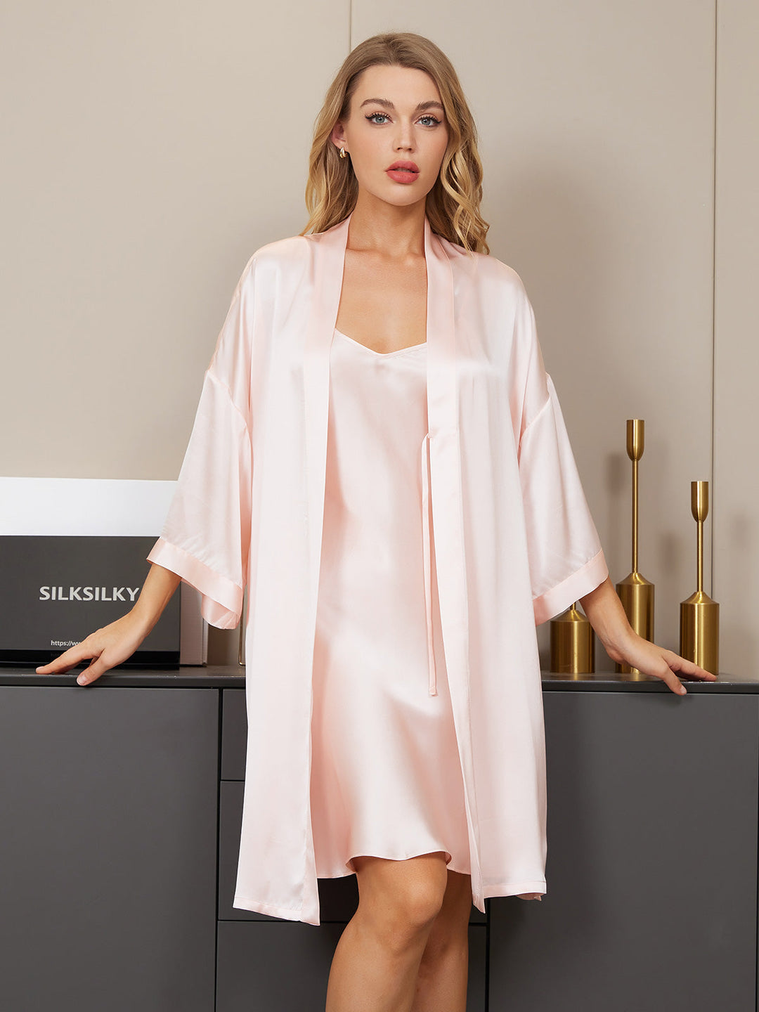 Pure Silk Kimono Dressing Gown & V‑Neck Nightdress Set