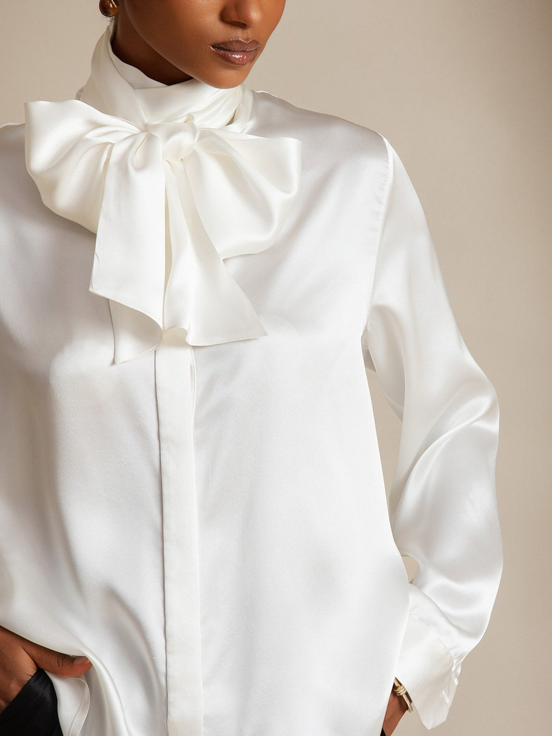 19Momme Silk Long Sleeve High Neck Bow Tie Blouse