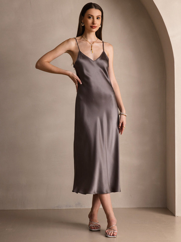 Pure Silk Spaghetti Strap V Neck Midi Dress