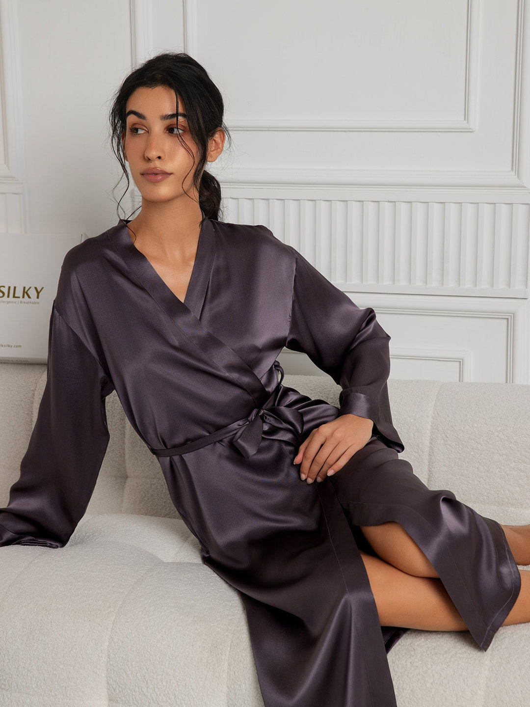 Women's Pure Silk Long Sleeve Midi Dressing Gown