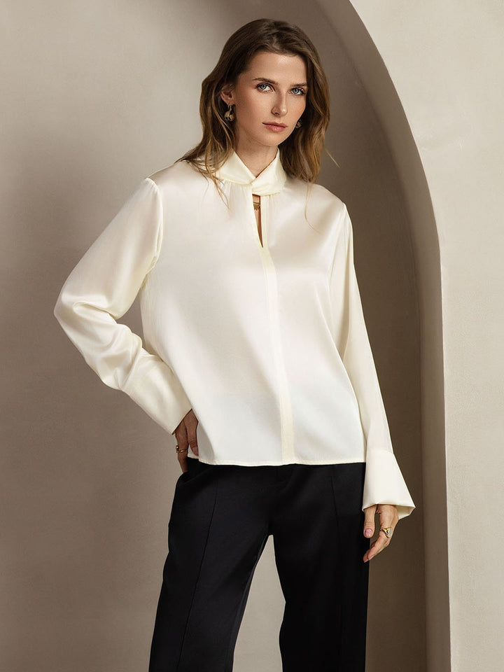 19Momme Silk Keyhole Neck Blouse with Pearl Buttons