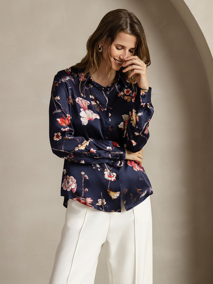 19Momme Silk Navy Floral Print Long Sleeve Lapel Collar Women's Shirt