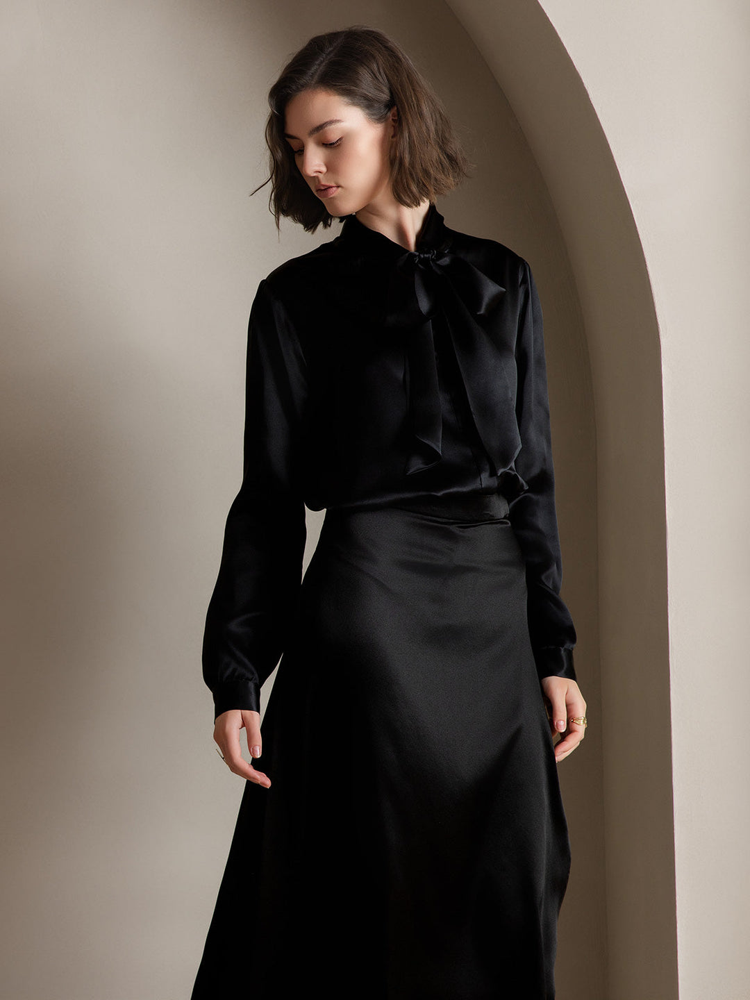 19Momme Silk Long Sleeve Tie Neck Blouse