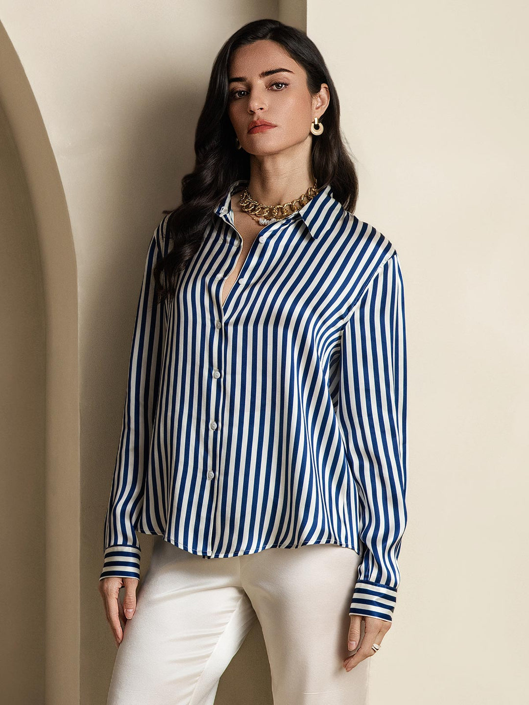19Momme Silk Long Sleeve Lapel Collar Women's Shirt with Button Up Design