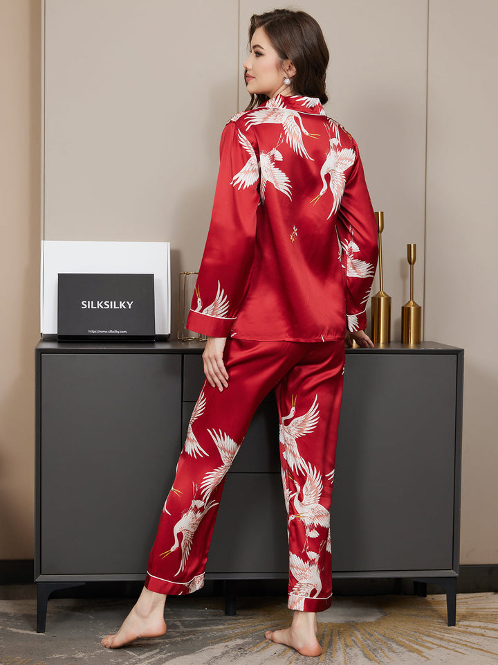19Momme Women's Pure Silk Crane Print Long Sleeve Notch Collar Pyjamas Set