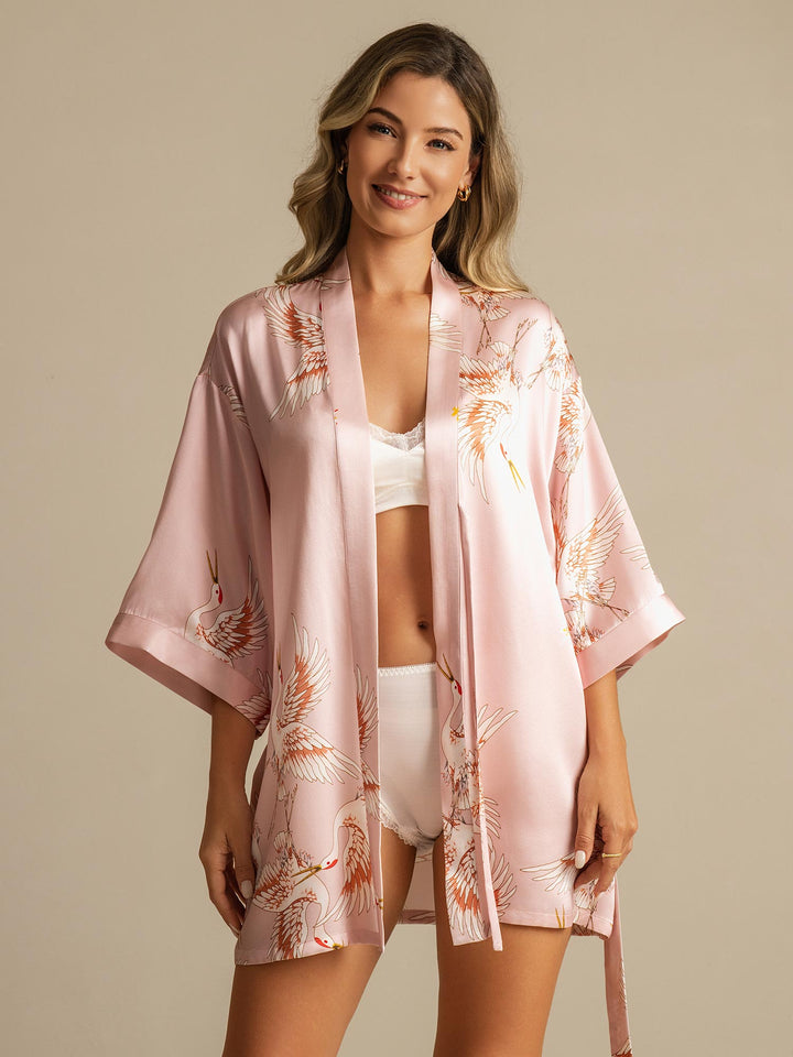 19Momme Women's Pure Silk Crane Print 3/4 Sleeve Short Kimono Robe