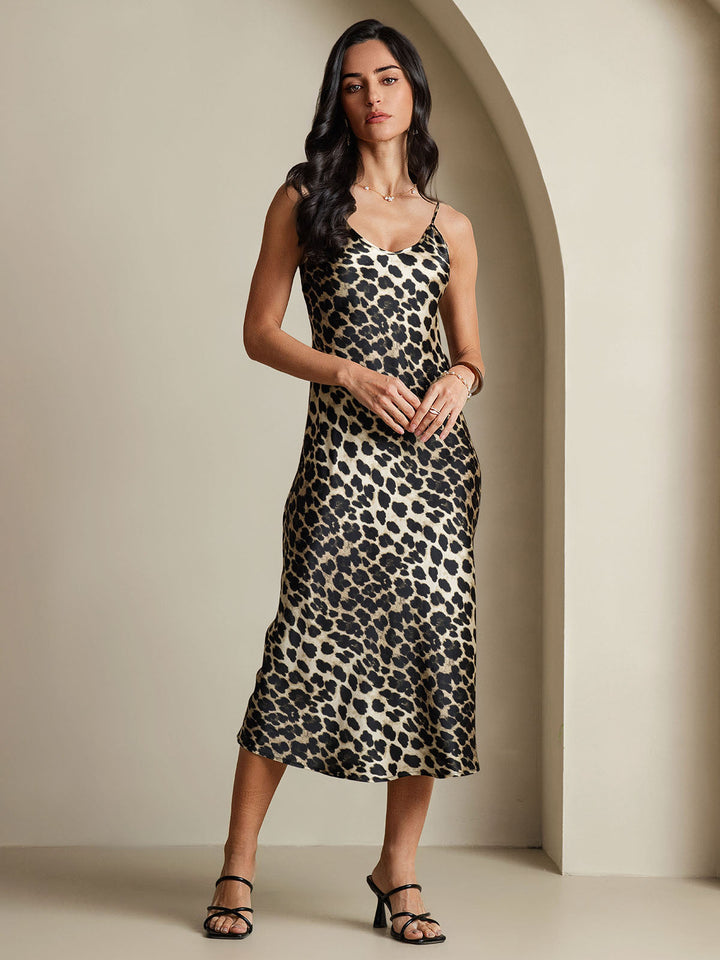 Pure Silk Leopard Print Spaghetti Strap V Neck Midi Dress