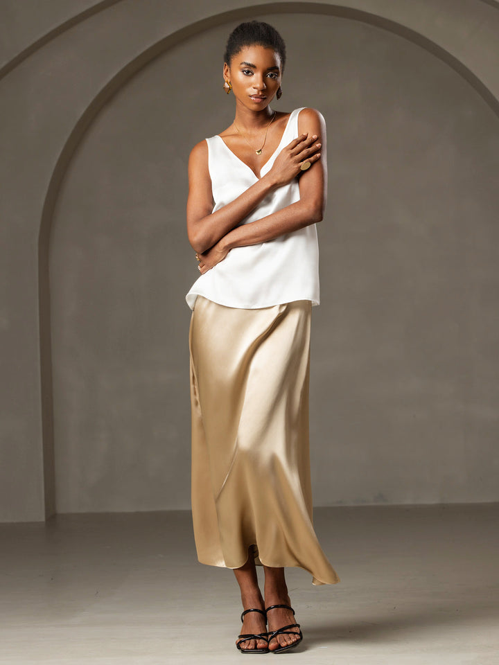 19Momme Silk Sleeveless V Neck Women's Tank Top with V Back Design