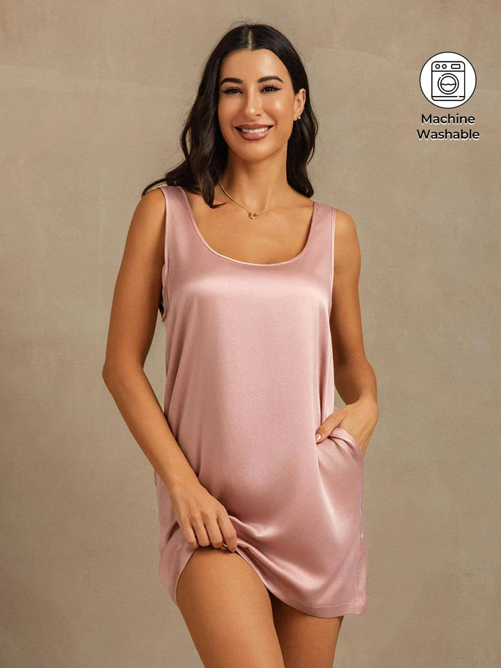 19Momme Washable Silk Sleeveless U Neck Short Nightdress with Side Pocket Design