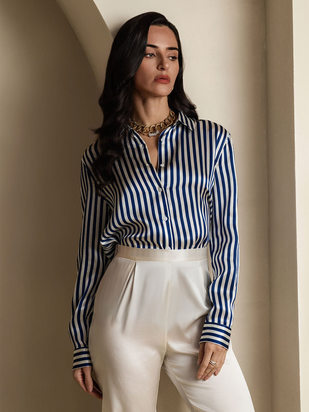 19Momme Silk Stripe Print Long Sleeve Lapel Collar Women's Shirt