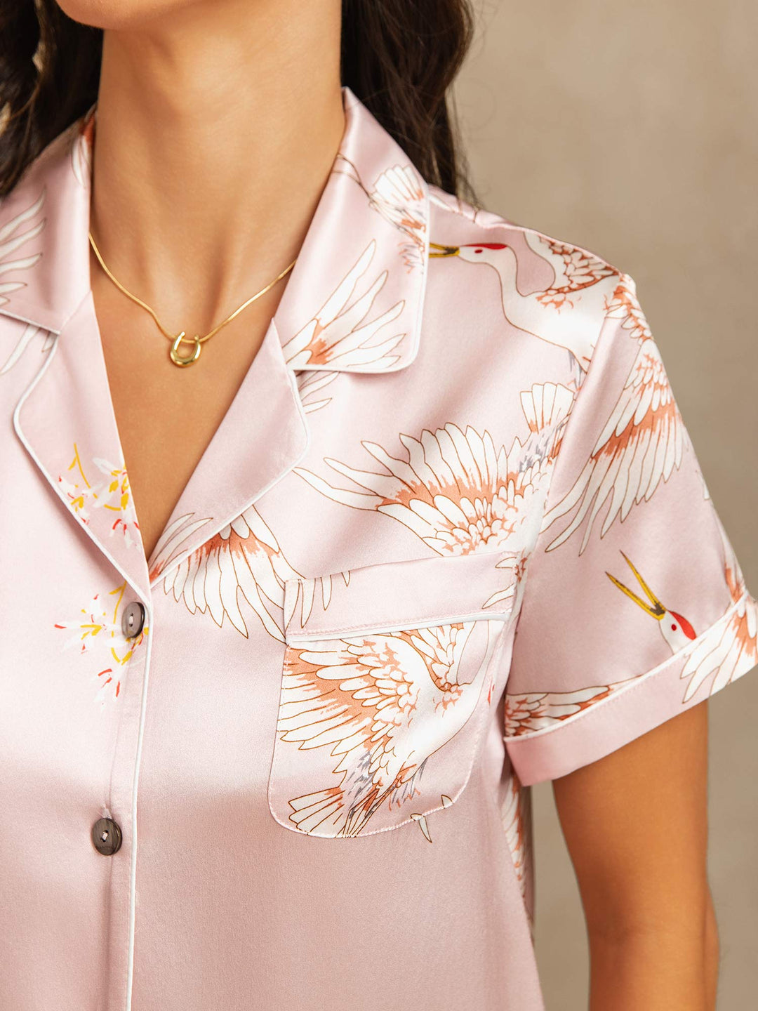 19Momme Pure Silk Crane Print Short Sleeve Notch Collar Women's Pyjamas Set
