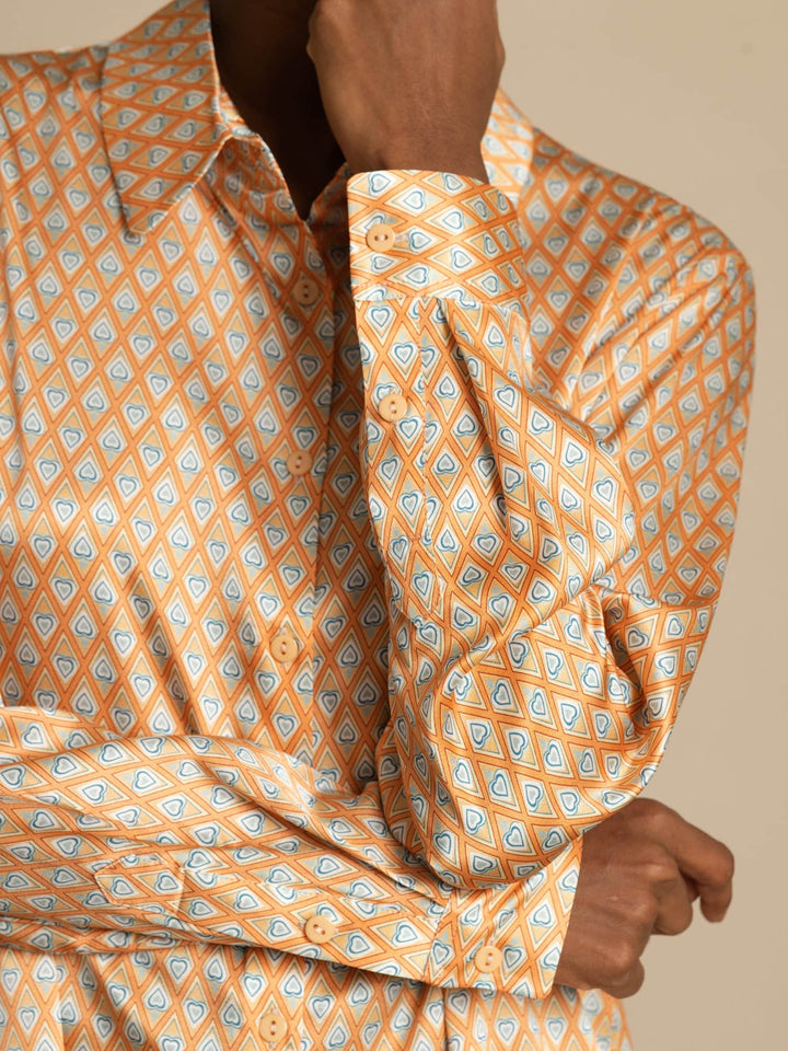 19Momme Silk Geometric Print Long Sleeve Lapel Collar Women's Shirt