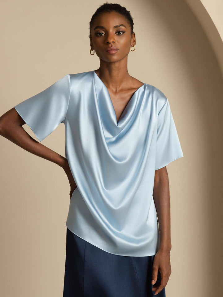 19Momme Women's Silk Short Sleeve Cowl Neck T-Shirt
