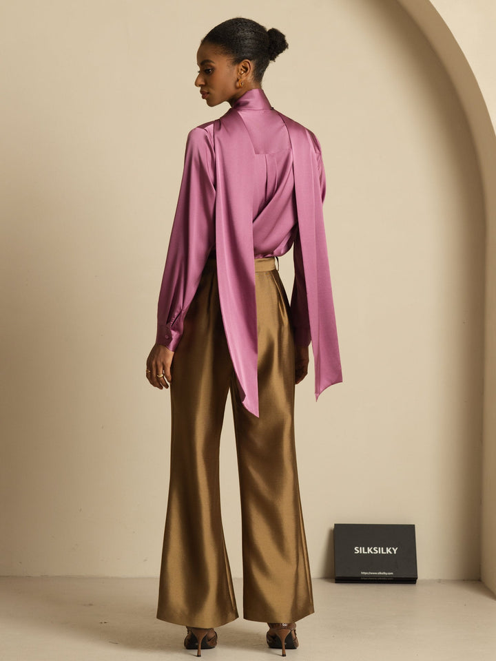 19Momme Silk Long Sleeve High Neck Bow Tie Blouse