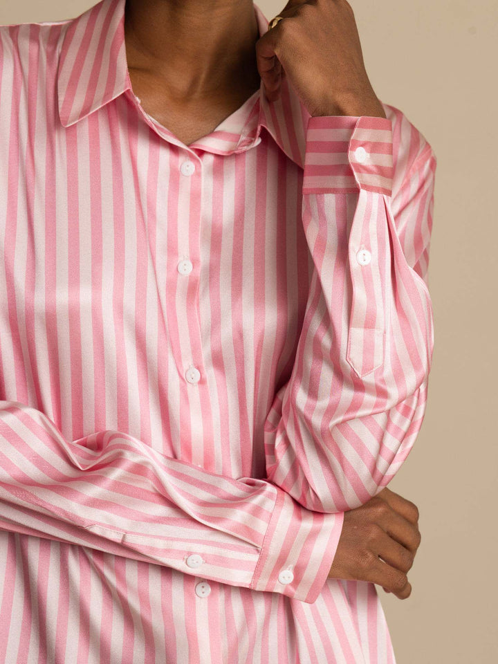 19Momme Silk Stripe Print Long Sleeve Lapel Collar Women's Shirt