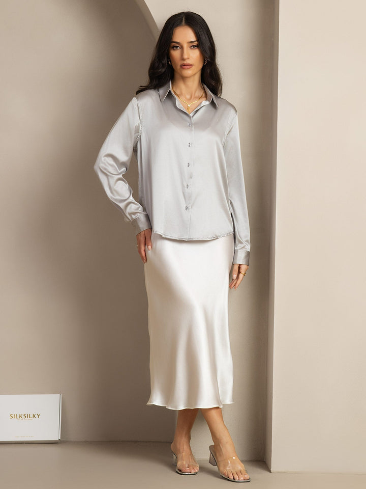 19Momme Silk Long Sleeve Lapel Collar Women's Shirt with Button Up Design