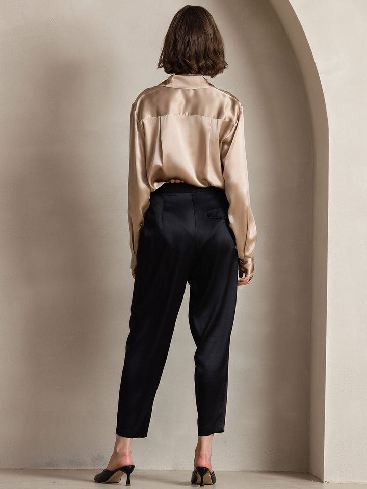 19Momme Silk Long Sleeve Lapel Collar Women's Shirt with Button Up Design