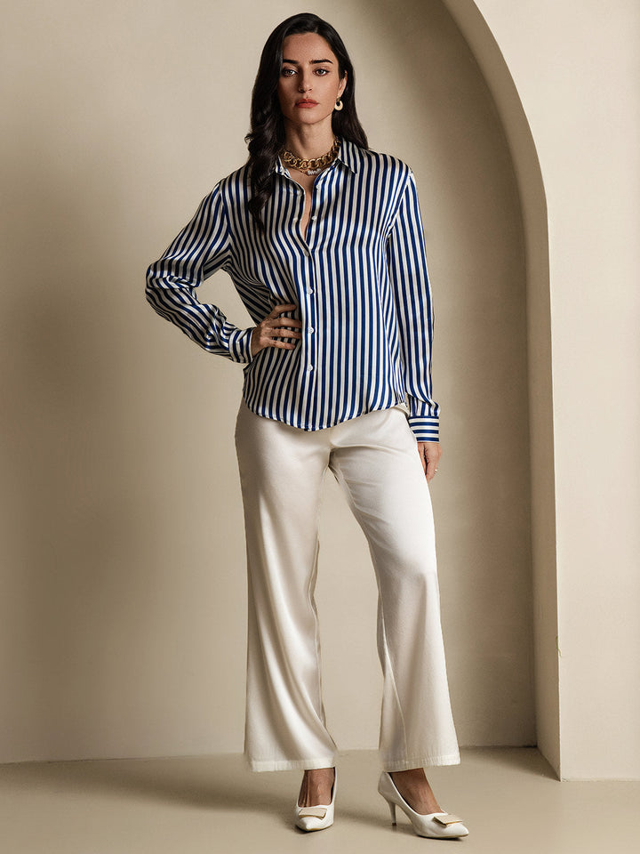 19Momme Silk Stripe Print Long Sleeve Lapel Collar Women's Shirt