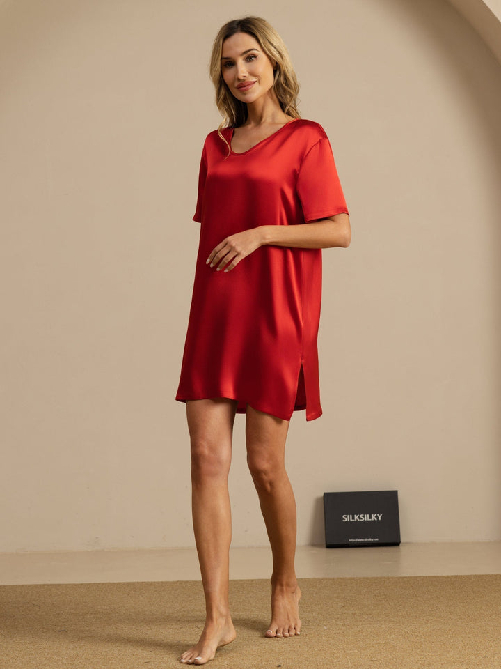 Women's Pure Silk Half Sleeve V-neck Short Nightdress