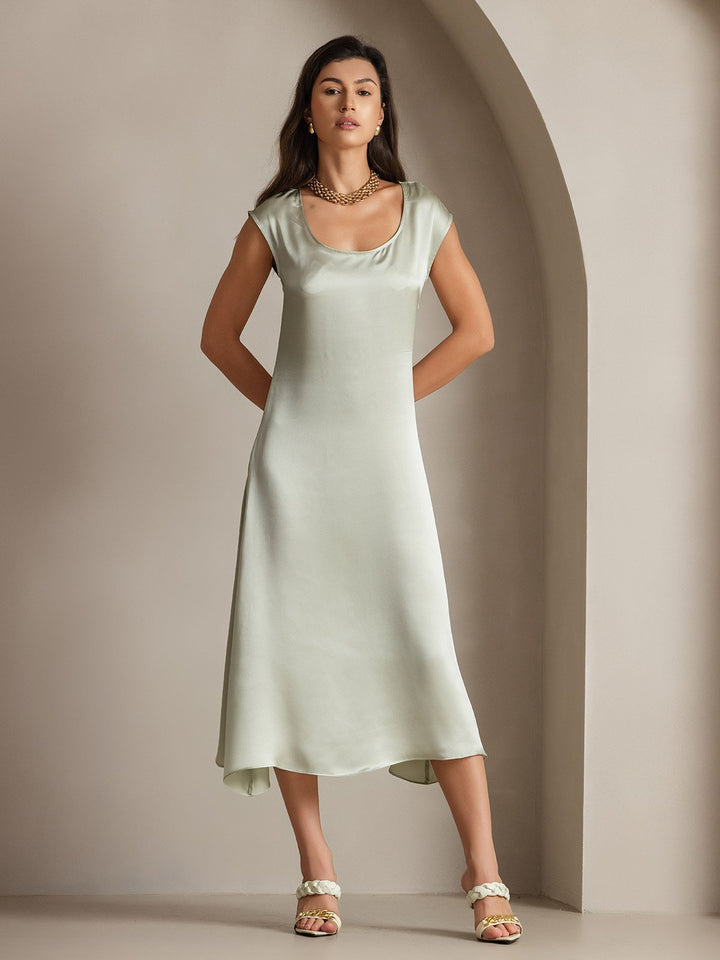 19Momme Silk Cap Sleeve Round Neck Midi Dress