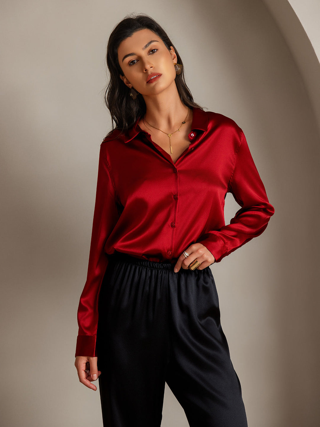 19Momme Silk Long Sleeve Lapel Collar Women's Shirt with Button Up Design