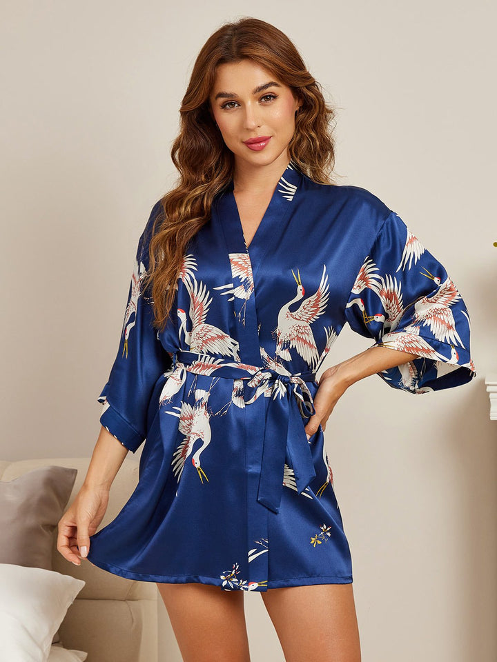 19Momme Pure Silk Crane Print 3/4 Sleeve Short Women's Kimono Robe with Wrap Design