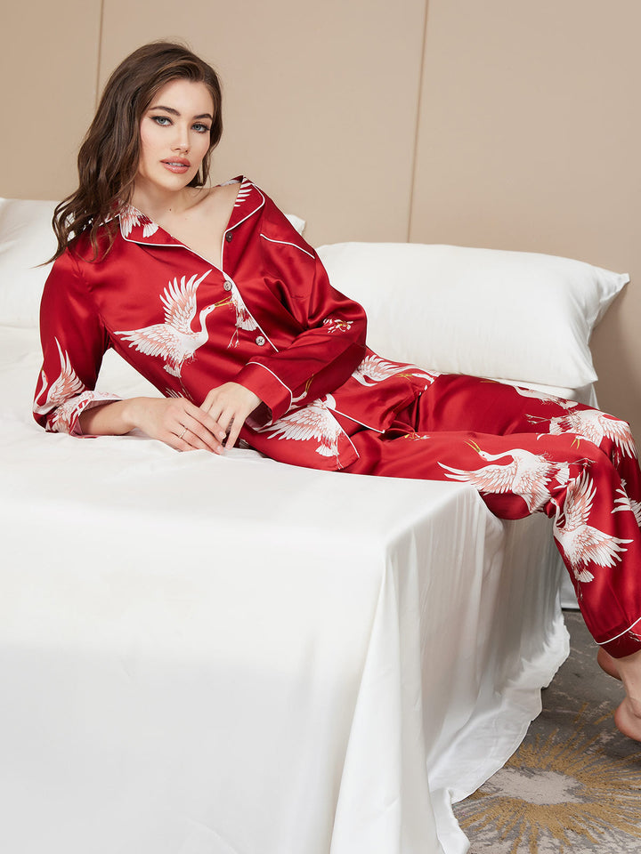 19Momme Women's Pure Silk Crane Print Long Sleeve Notch Collar Pyjamas Set
