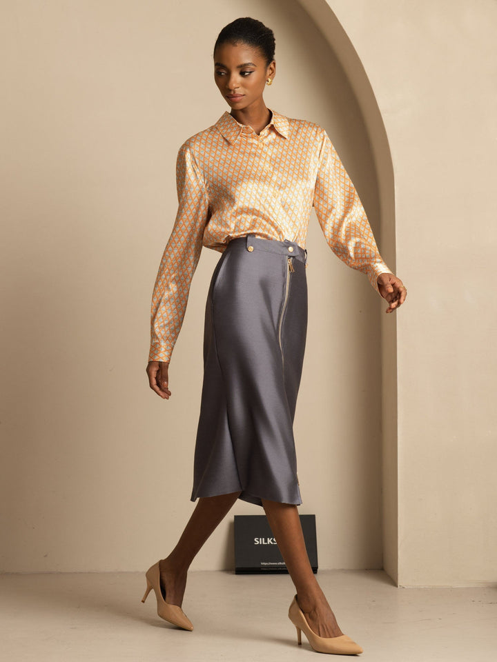 19Momme Silk Geometric Print Long Sleeve Lapel Collar Women's Shirt
