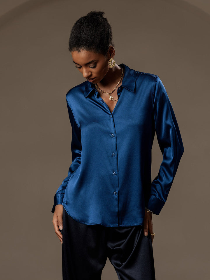 19Momme Silk Long Sleeve Lapel Collar Women's Shirt with Button Up Design
