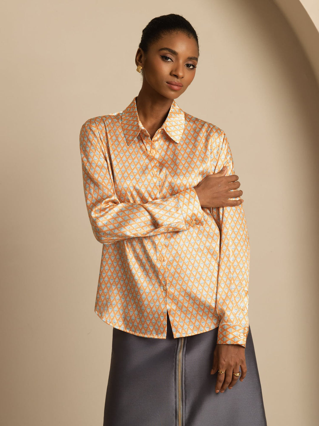 19Momme Silk Geometric Print Long Sleeve Lapel Collar Women's Shirt