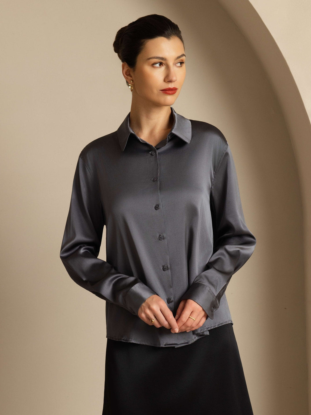19Momme Silk Long Sleeve Lapel Collar Women's Shirt with Button Up Design