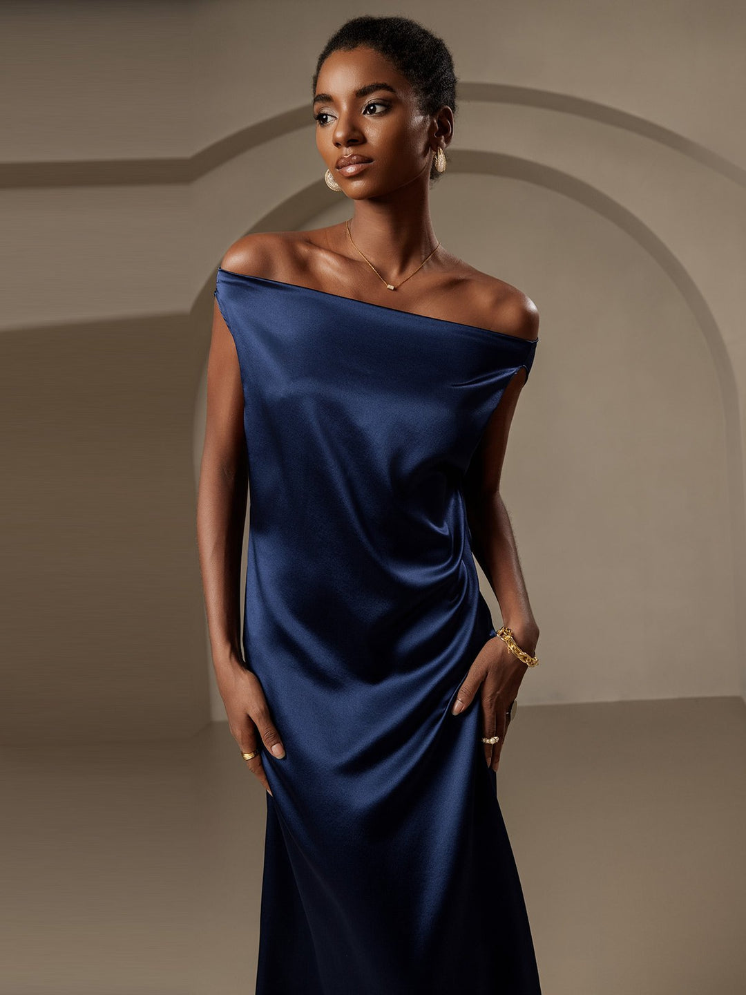 19Momme Silk Sleeveless Cowl Neck Knee Dress