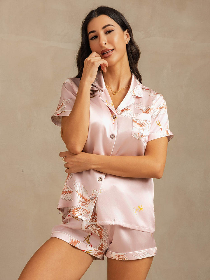 19Momme Pure Silk Crane Print Short Sleeve Notch Collar Women's Pyjamas Set