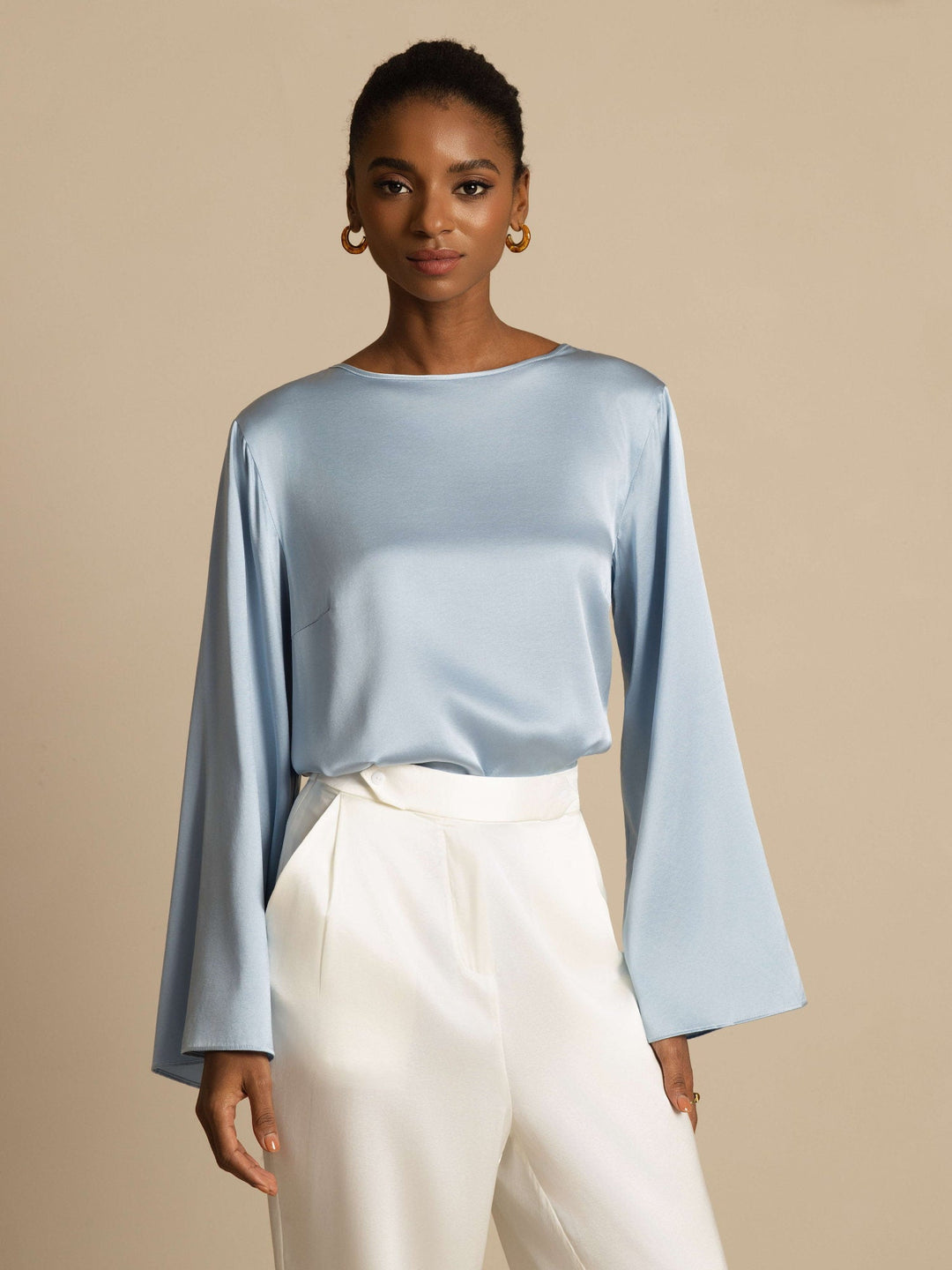 19Momme Silk Bell Sleeve Boat Neck Women's Top