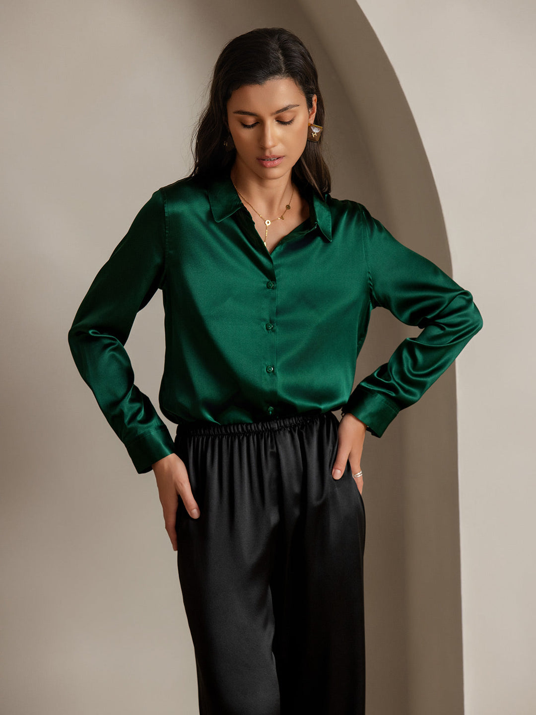 19Momme Silk Long Sleeve Lapel Collar Women's Shirt with Button Up Design