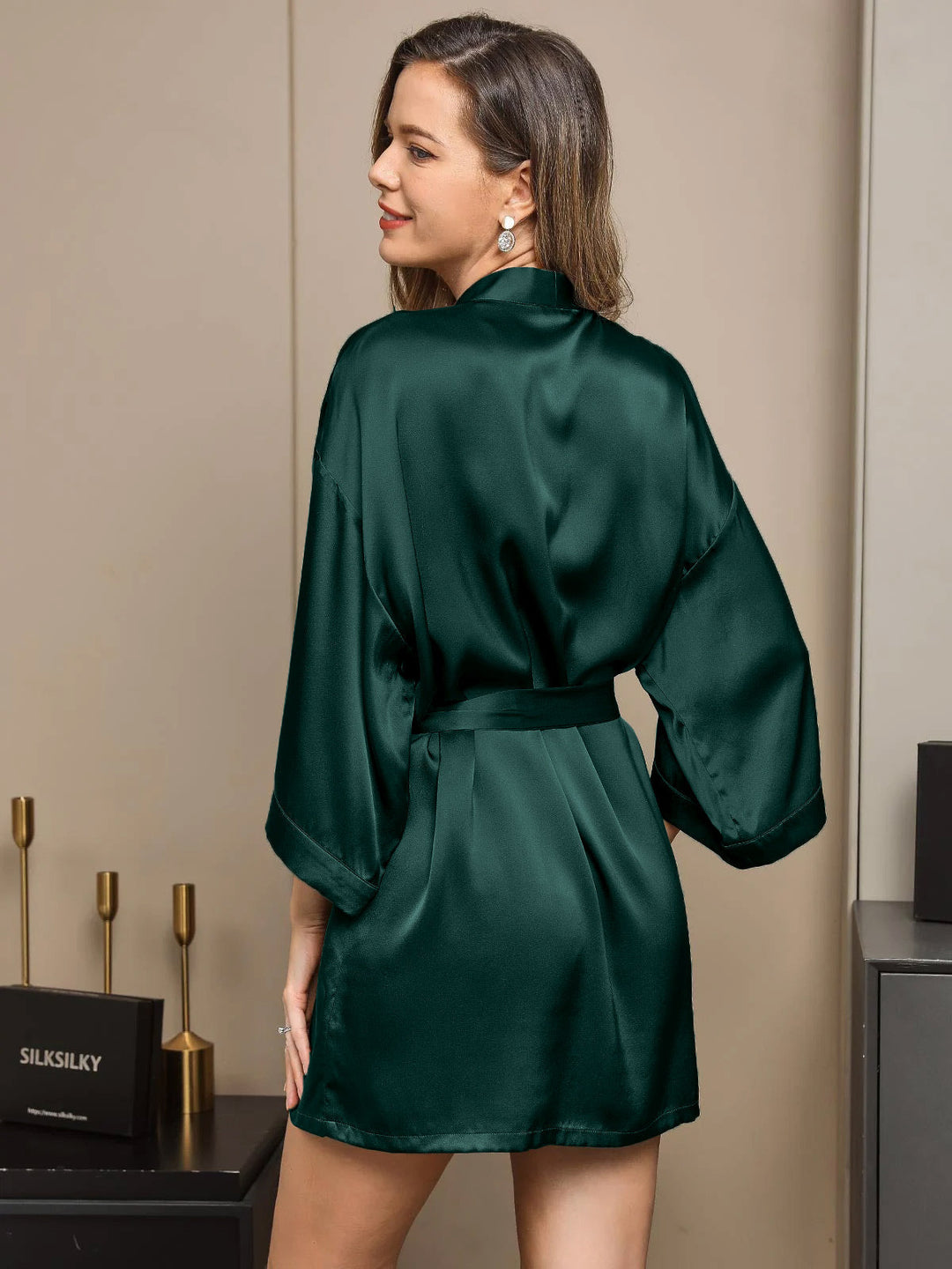 Pure Silk Short Women's Kimono Dressing Gown with Wrap Design
