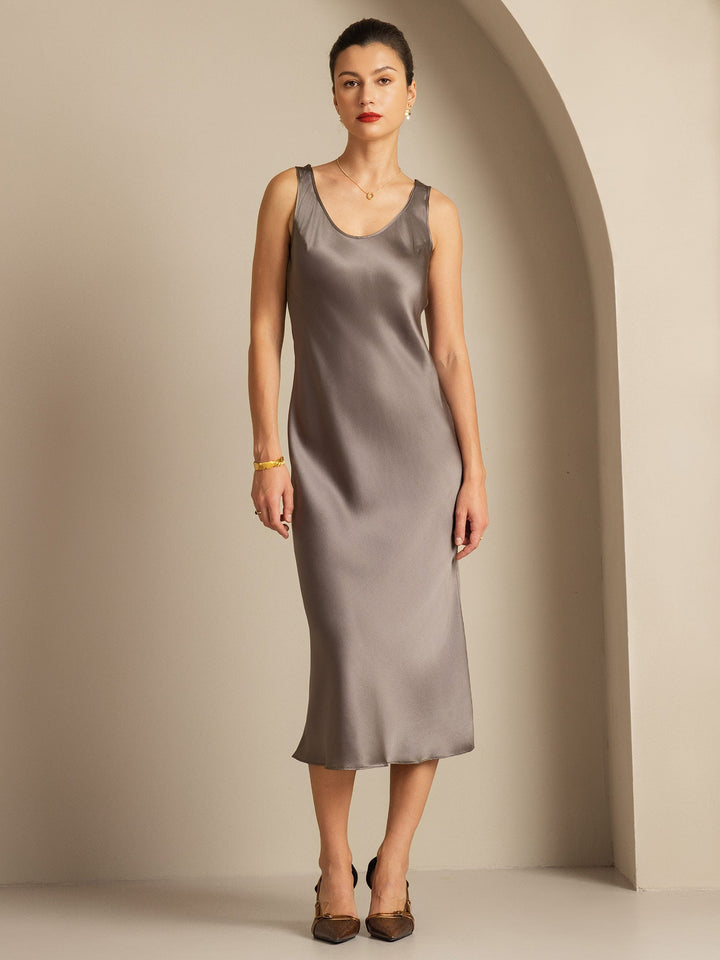 Pure Silk Sleeveless U Neck Midi Dress