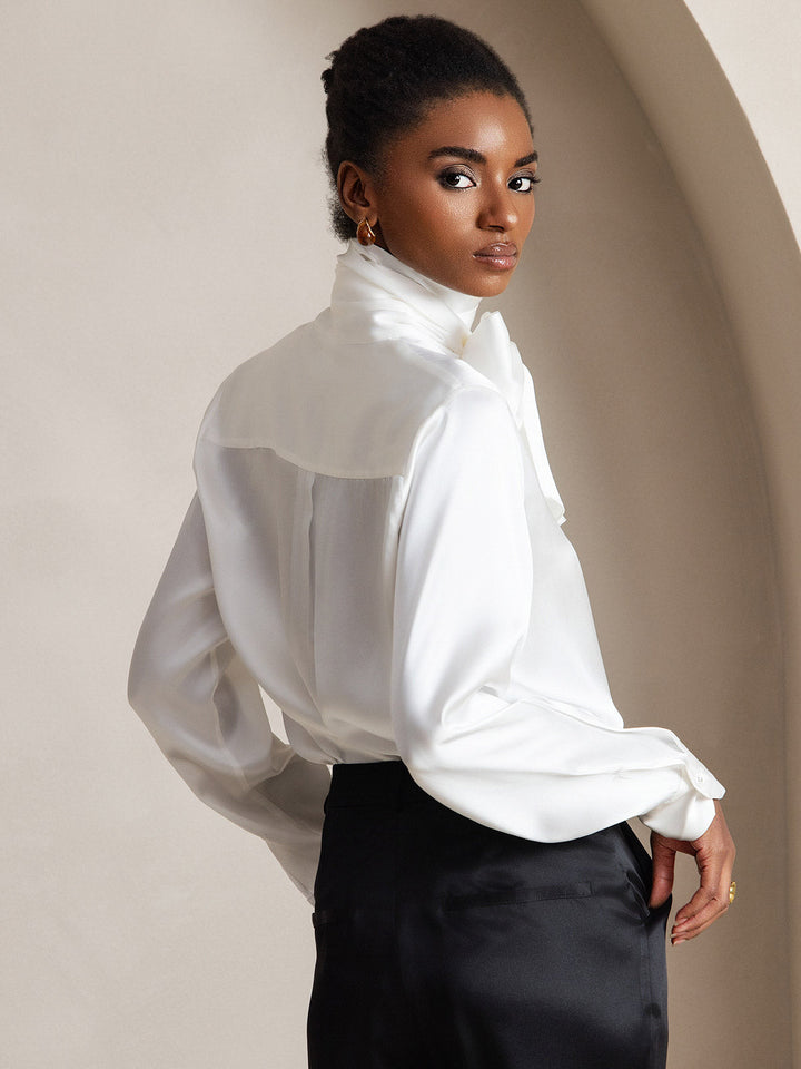 19Momme Silk Long Sleeve High Neck Bow Tie Blouse