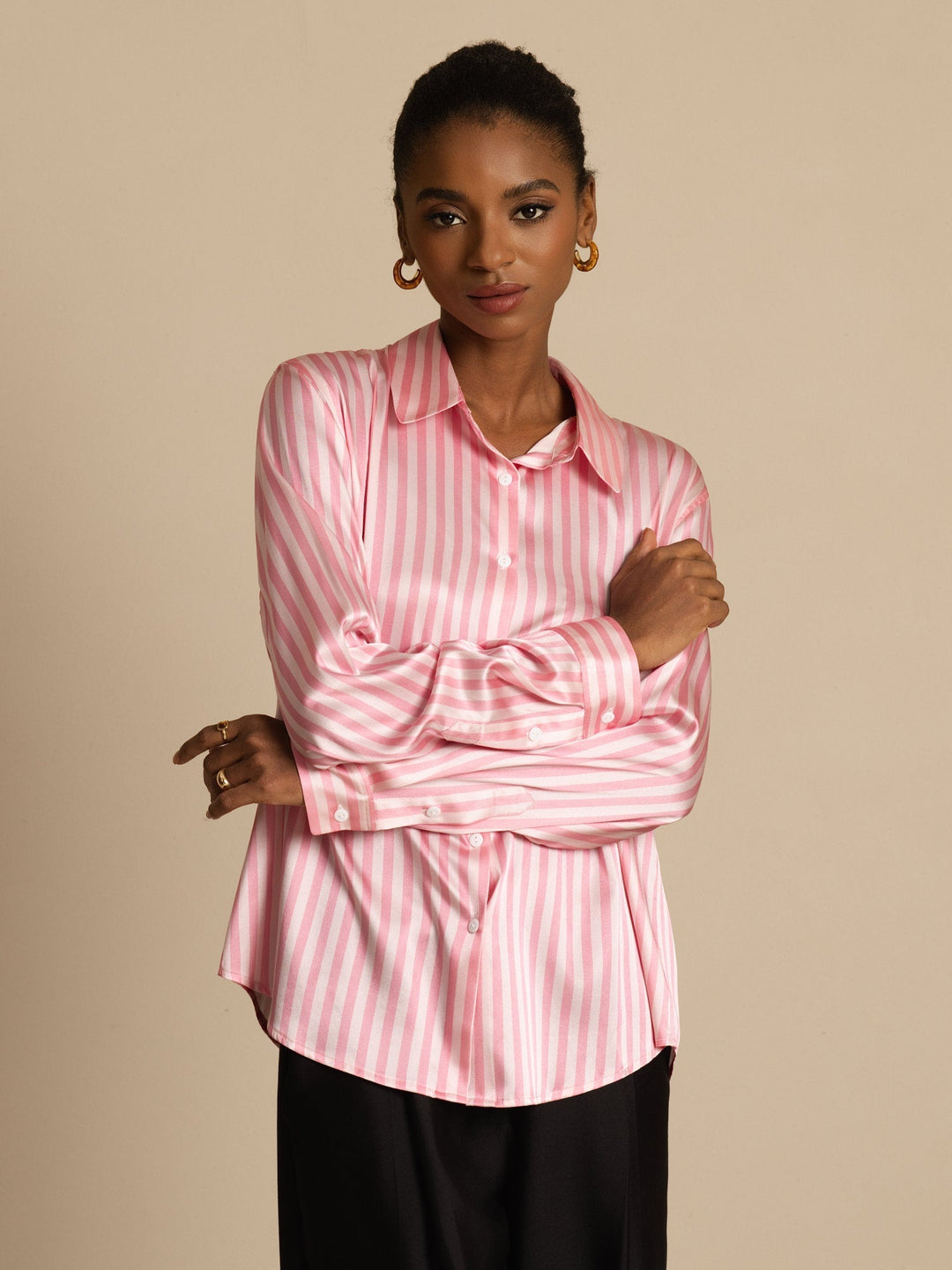19Momme Silk Stripe Print Long Sleeve Lapel Collar Women's Shirt