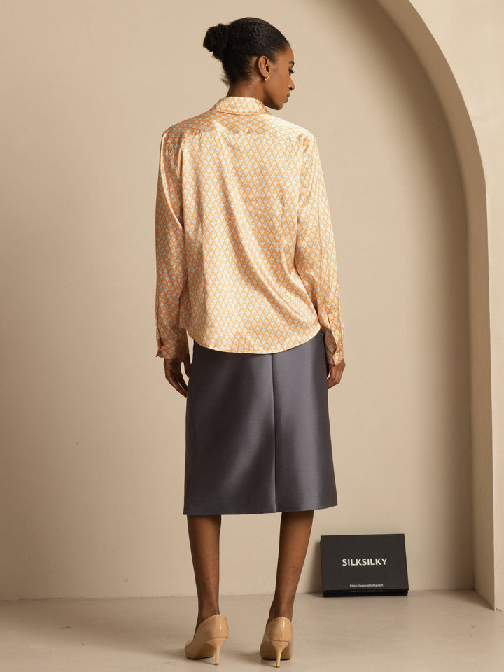 19Momme Silk Geometric Print Long Sleeve Lapel Collar Women's Shirt