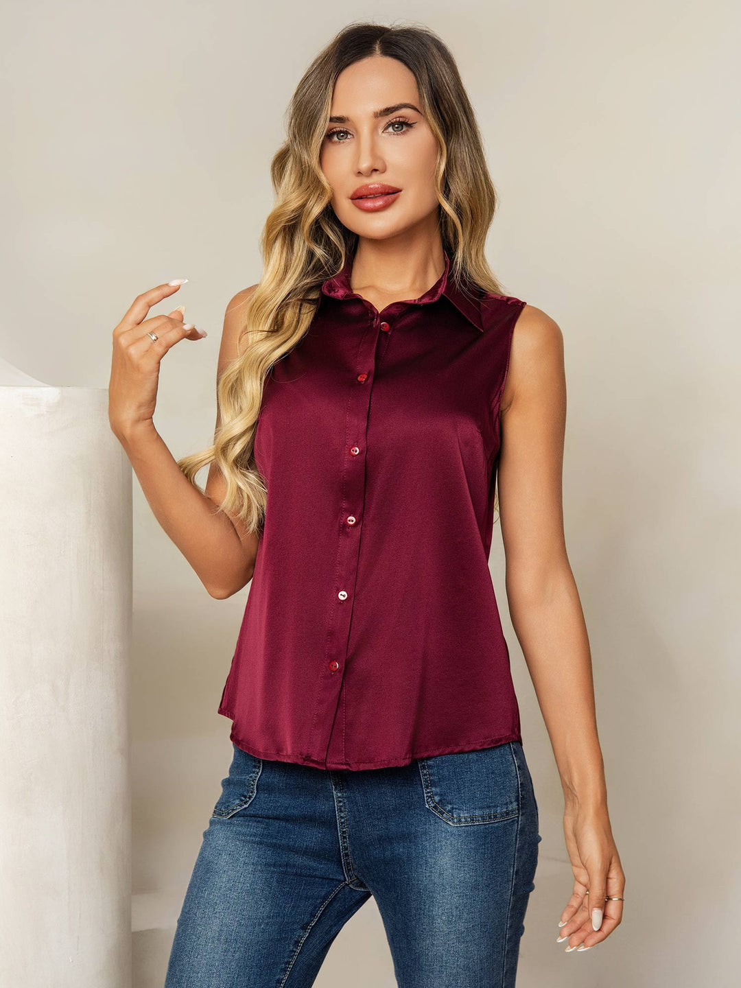 19Momme Silk Sleeveless Lapel Collar Women's Shirt with Button Up Design
