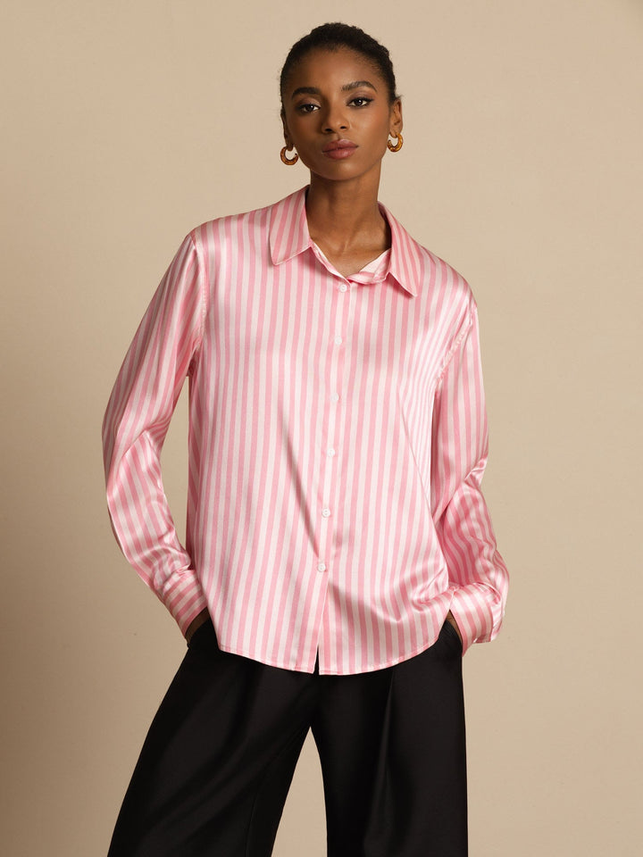 19Momme Silk Stripe Print Long Sleeve Lapel Collar Women's Shirt