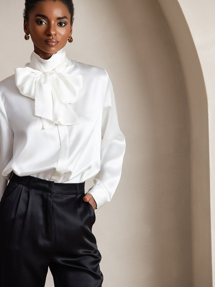 19Momme Silk Long Sleeve High Neck Bow Tie Blouse
