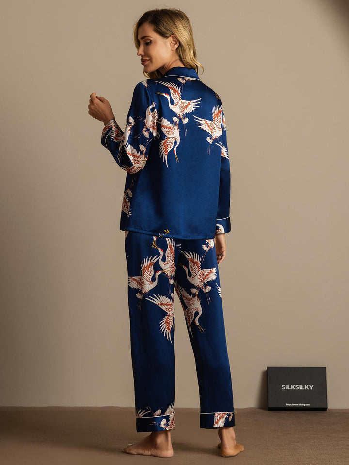 19Momme Pure Silk Crane Print Women's Long Sleeve Notch Collar Pyjamas Set