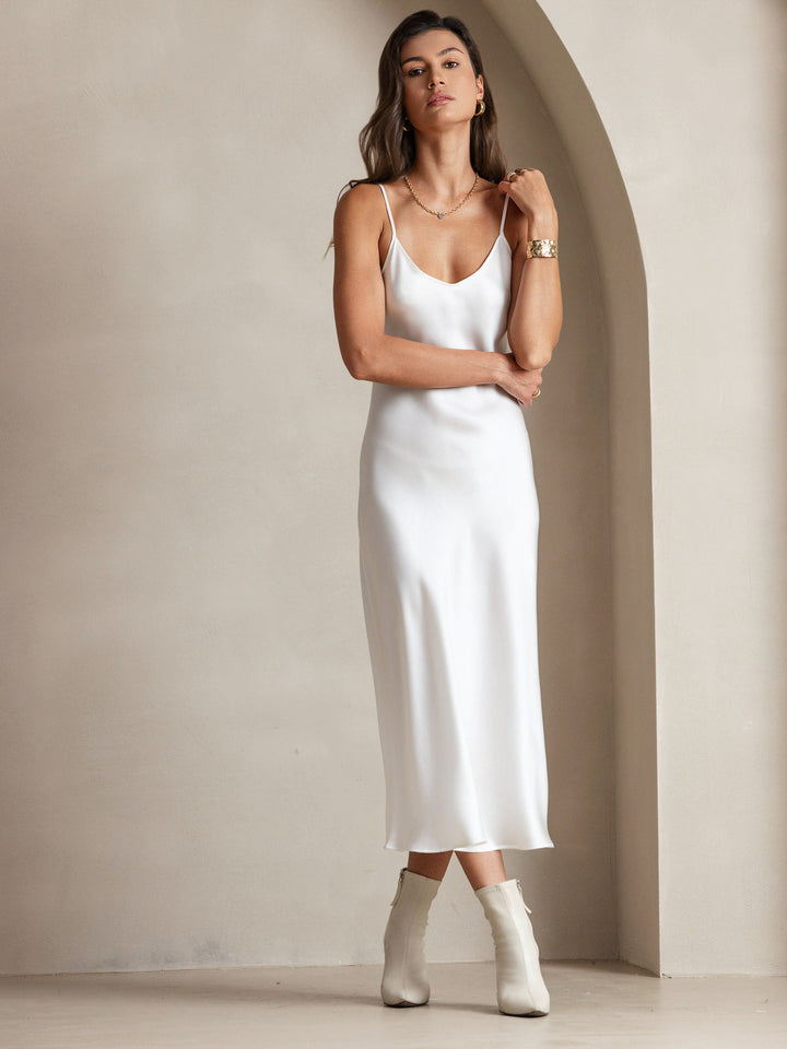 Pure Silk Spaghetti Strap V Neck Midi Dress