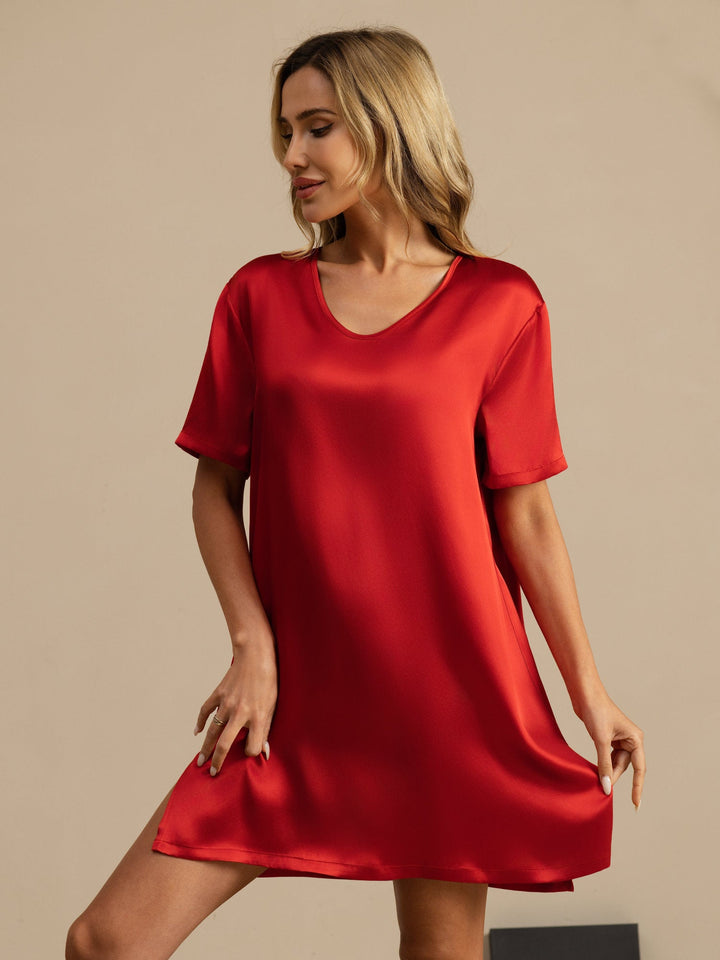 Pure Silk Half Sleeve V-neck Short Nightdress with Split Design
