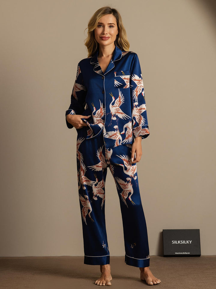 19Momme Women's Pure Silk Crane Print Long Sleeve Pyjamas Set