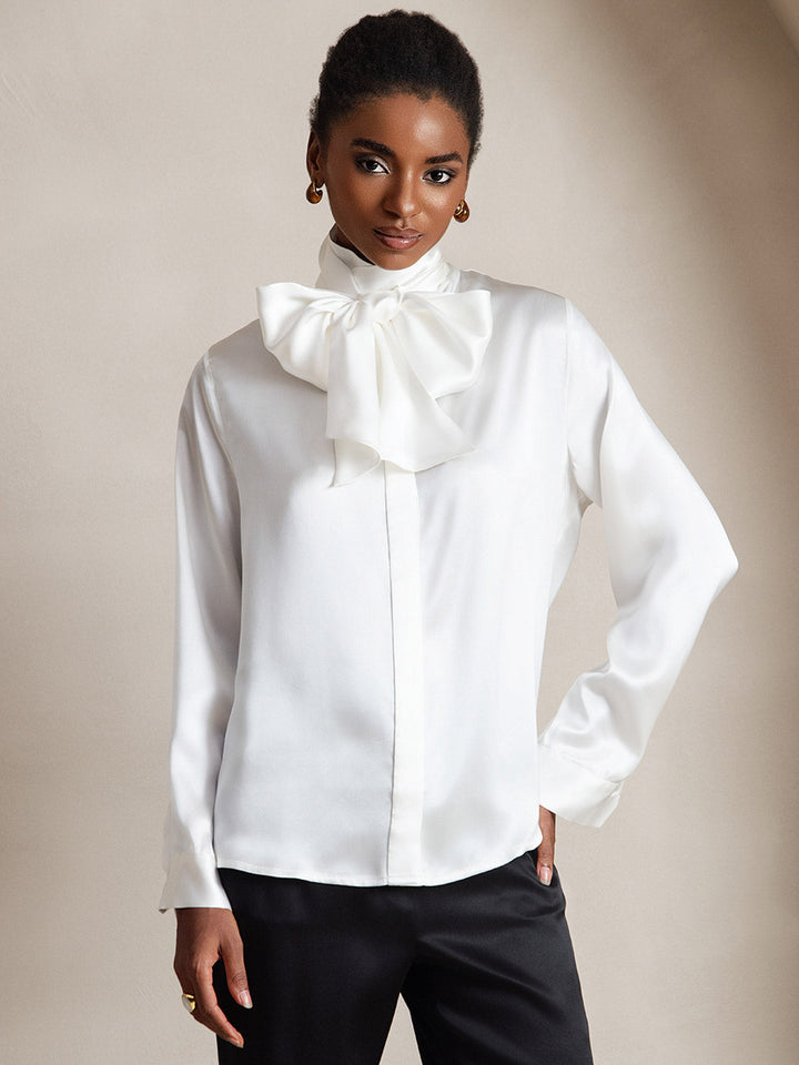 19Momme Silk Long Sleeve High Neck Bow Tie Blouse
